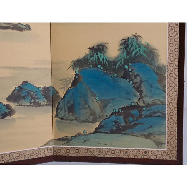 Very nice 4 piece folding table screen. Japanese watercolor landscape with some buffalos and houses. Signed. Nice bright...