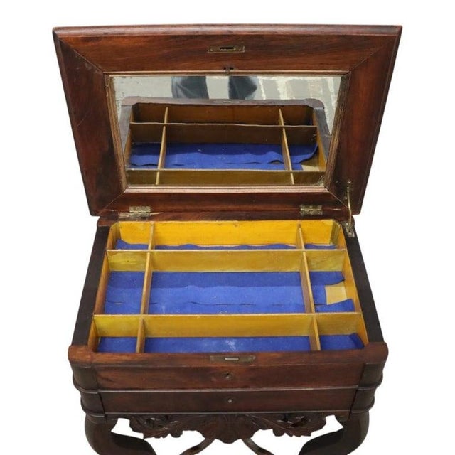 This antique Victorian sewing stand, circa 1880, features a construction of walnut and rosewood. The stand is designed...