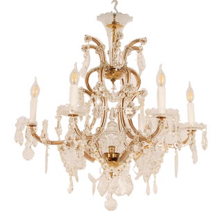 Vintage Crystal Chandelier Blown Glass Gold Frame Cage Chandelier With Pendeloque Viennese For Sale