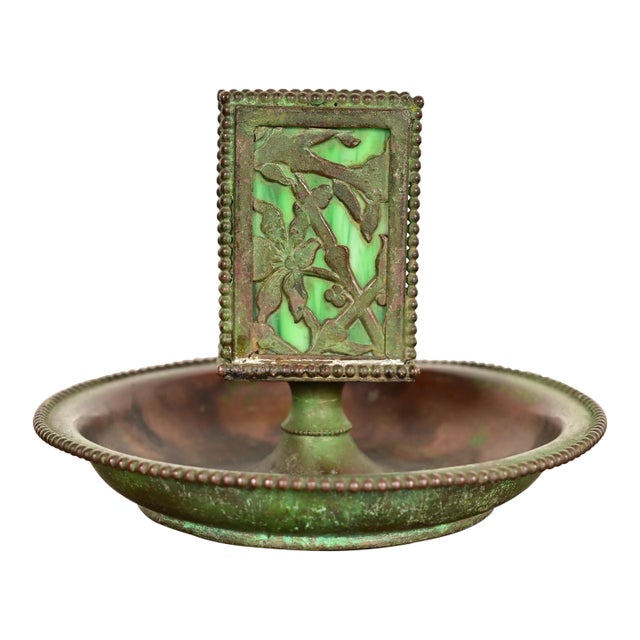 Apollo Studios New York Arts & Crafts Grapevine Pattern Bronze and Slag Glass Ashtray With Matchbox Holder For Sale