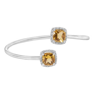 .925 Sterling Silver 8mm Cushion Cut Yellow Citrine Gemstone and Diamond Accent Split Bypass Bangle Bracelet Fits up to 7.75" For Sale