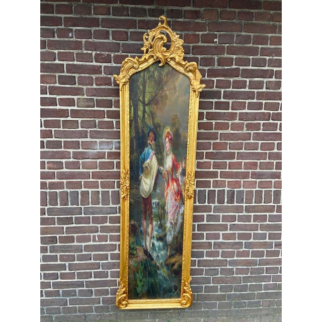 This elegant 1970s French Louis XVI–style framed textile artwork combines a tall architectural form with finely carved...