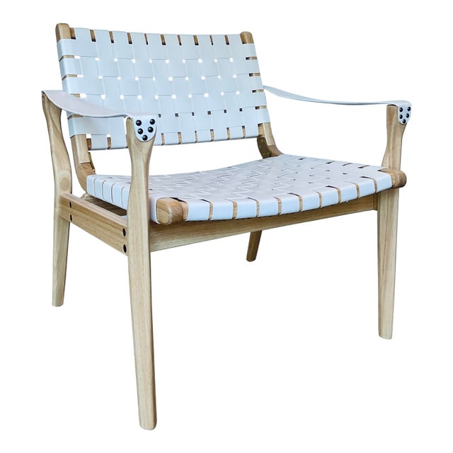Organic. Modern White Vinyl Straps Natural Wood Lounge Chair For Sale