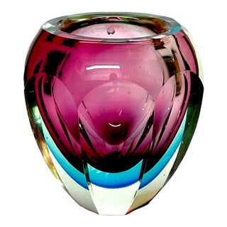 Heavy Murano Sommerso Faceted Glass Vase Attributed to Flavio Poli for Seguso For Sale