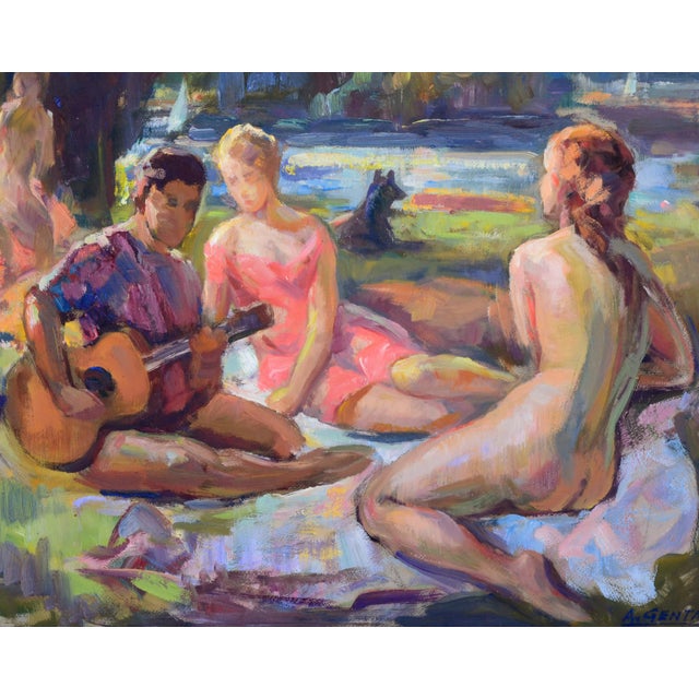Picnic in the Park - Mid Century Figurative Landscape Gorgeous mid century figurative landscape of a a group of figures,...