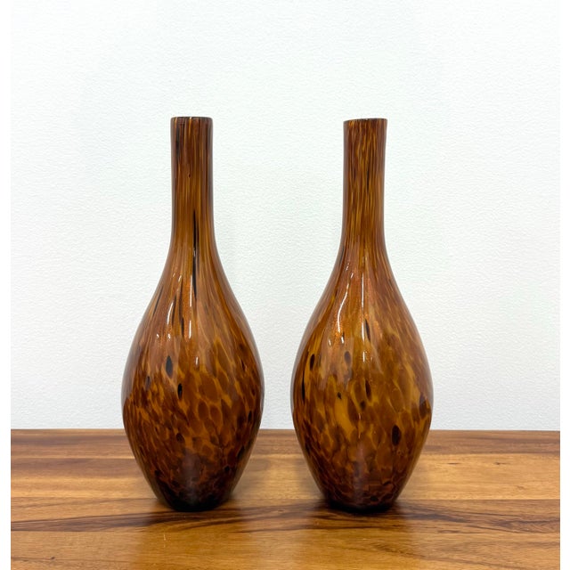 Italian Vintage Murano Style Amber Art Glass Bottleneck Vase - Pair For Sale - Image 3 of 6