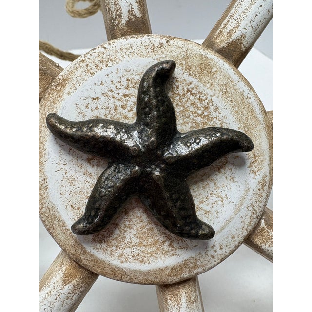Early 21st Century Nautical Ship Wheel Wall Decor With Starfish, Coastal Beach House Hanging, Blue White Maritime Decor For Sale - Image 5 of 9