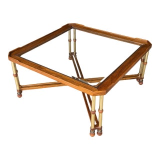 Vintage Faux Bamboo Brass & Glass Coffee Table | Hollywood Regency Chinoiserie Cocktail Table | Campaign Style Designer Square Coffee Table For Sale