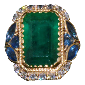 Gia Certified Natural 12.80cts Emerald Sapphire Diamond 18k Solid Gold Cocktail Ring, Size 6