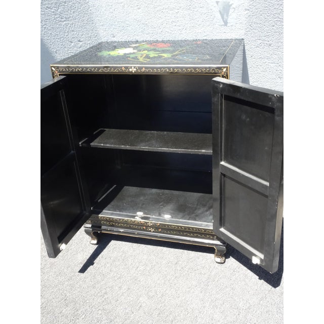 Wood Vintage Oriental Black Lacquer Hand Painted Two Door Cabinet ~ Mother of Pearl For Sale - Image 7 of 12