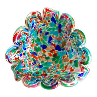 Vintage Mid Century Modernist Italian Multicolor Confetti Murano Art Glass Freeform Flower Decorative Bowl For Sale