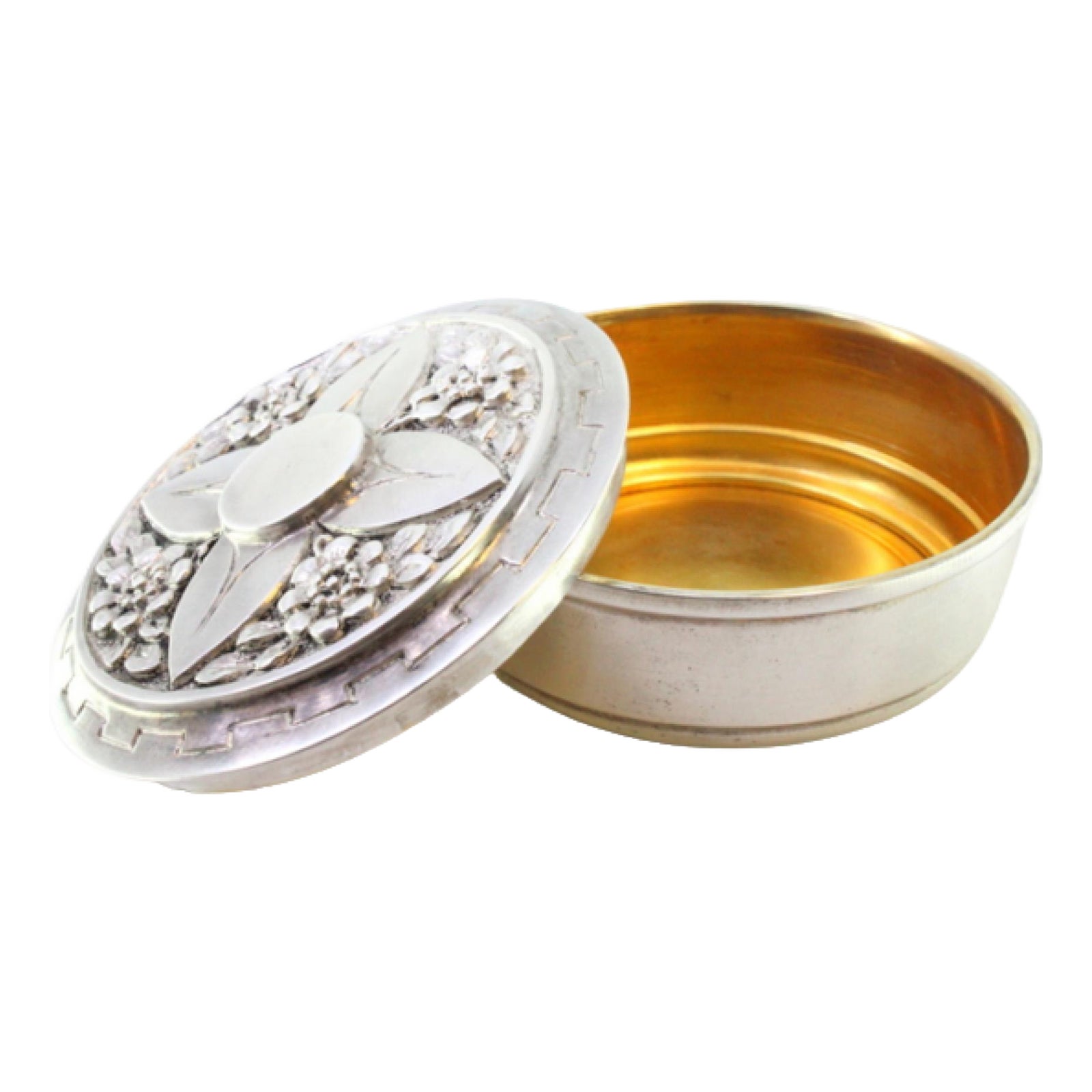 Silver Host Box with Floral Motifs, Relief Lid and Gilt Interior | Chairish