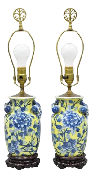 Vintage Chinoiserie Chinese Blue & Yellow Flower Small Porcelain Table Lamp Pair