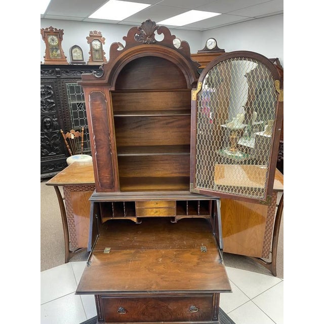 American Antique Secretary Desk, Brass Backed Screen Glass Door, Burl Wood Inlay, Two Shelves For Sale - Image 3 of 12