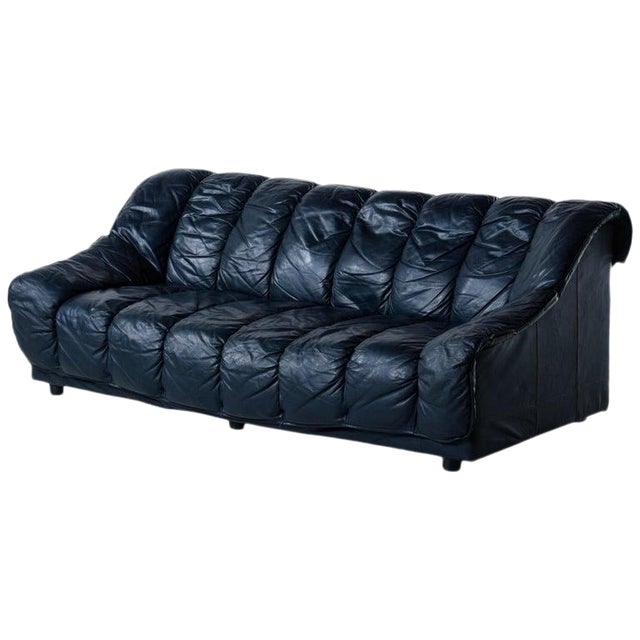 Dark Blue Italian Leather Sofa In The Manner Of De Sede