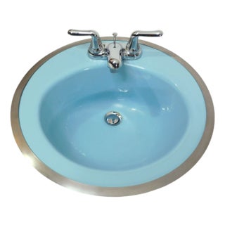 1964 Vintage Rheem Regency Blue Drop-in Porcelain & Cast Iron Sink With Hudee Ring For Sale