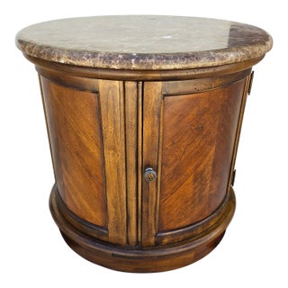 Vintage Round Brown Marble Top Drum Side End Center Table With Storage Cabinet For Sale