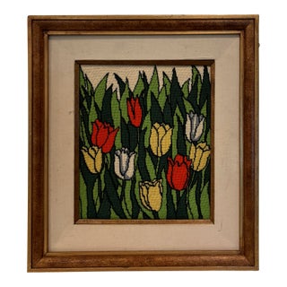 Vintage Framed Tulip Needlepoint Textile Art Scandinavian Modern Solid Wood Frame For Sale