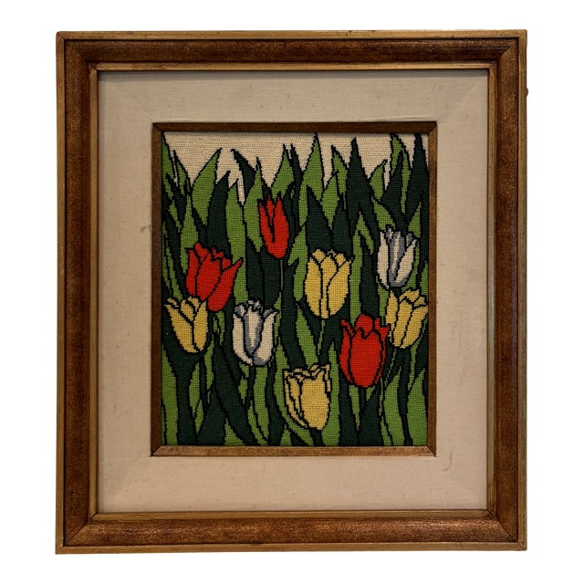Vintage Framed Tulip Needlepoint Textile Art Scandinavian Modern Solid Wood Frame For Sale
