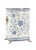 This is a blue and white wastebasket by Chelsea House Inc. The piece is hand painted on tole, featuring lion's head handles.