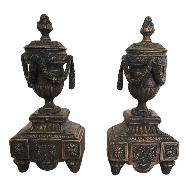 Italian Die-Cast Brass Andiron Set in Antique Brass Finish - a Pair For Sale