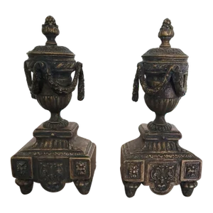 Italian Die-Cast Brass Andiron Set in Antique Brass Finish - a Pair