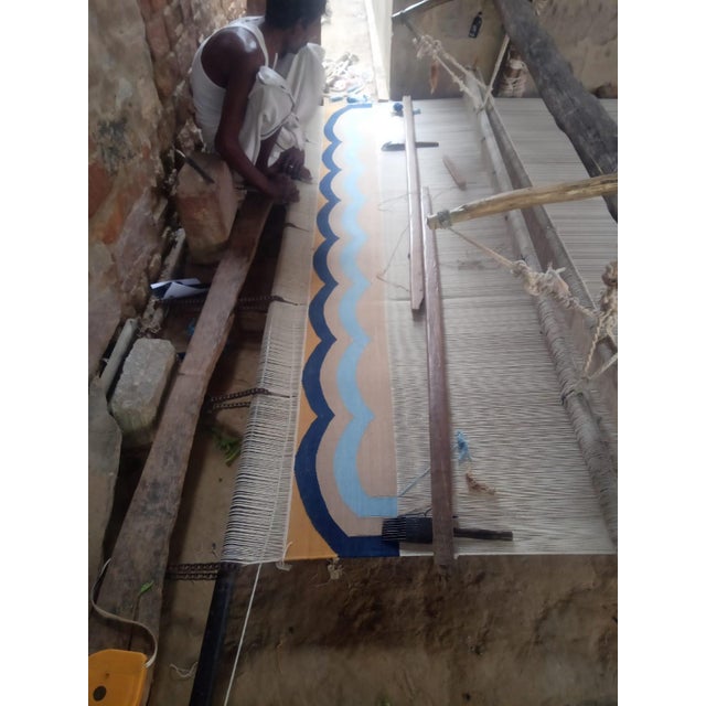 Handmade Cotton Vegetable Dyed Scalloped Rug Muddy Beige, Sky and Navy Blue Border - 12'x15' For Sale - Image 11 of 11