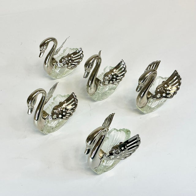 Figurative Vintage Coastal Hollywood Regency Swan Salt Cellars, Articulating Wings, Silver Plate - Set of 5. For Sale - Image 3 of 14
