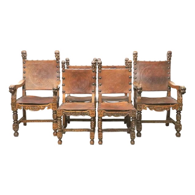 Antique Gothic Revival Wooden and Leather Chairs- Set of 6 For Sale