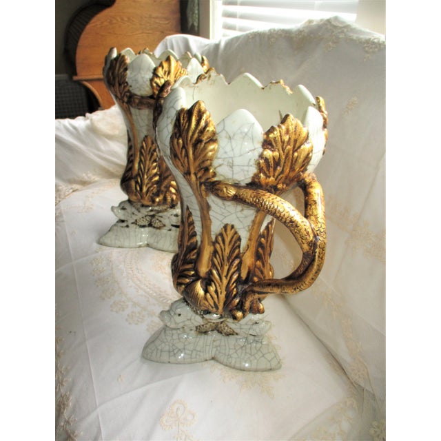 Vintage Italy Dolphin Base & Double Snake Handle Gold & Grey Vases- a Pair For Sale In Columbia, SC - Image 6 of 13