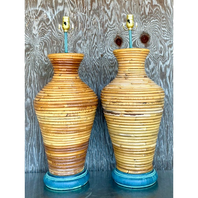 Camel Vintage Costal Coiled Pencil Reed Lamps - A Pair For Sale - Image 8 of 11