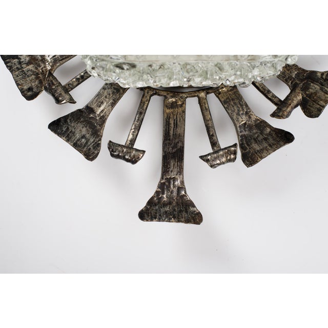 1950s 1950s Spanish Brutalist Flush Mount Ceiling Light – Silvered Wrought Iron & Heavy Embossed Glass For Sale - Image 5 of 14
