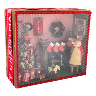Vintage Handmade Christmas Diorama Shadow Box With Miniature Holiday Stocking by the Fire Scene. For Sale