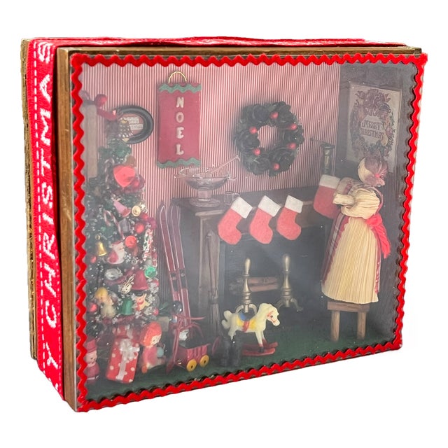 Vintage Handmade Christmas Diorama Shadow Box With Miniature Holiday Stocking by the Fire Scene. For Sale
