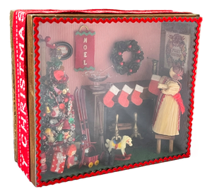 Vintage Handmade Christmas Diorama Shadow Box With Miniature Holiday Stocking by the Fire Scene.