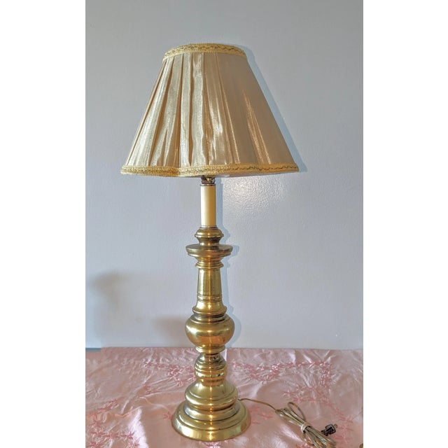Mid 20th Century Vintage Large Brass Candlestick Lamp With Silk Pleated Shade For Sale - Image 5 of 5