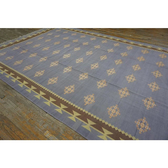 1930s 1930s Blue Gray Diamond Antique Indian Cotton Dhurrie Carpet 9'7'' X 15'7'' Flatweave Rug For Sale - Image 5 of 14