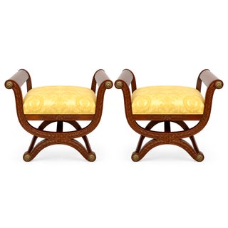 French Neo-Classical Style Fruitwood & Bronze X Base Benches / Ottomans - Pair For Sale