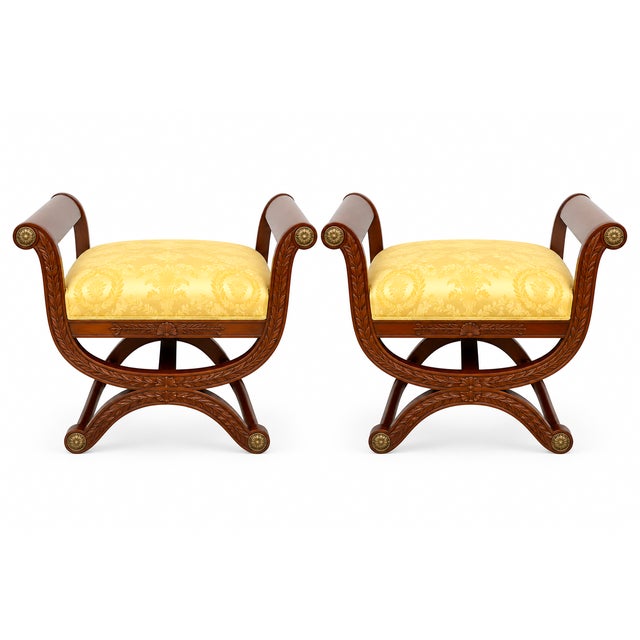 French Neo-Classical Style Fruitwood & Bronze X Base Benches / Ottomans - Pair For Sale