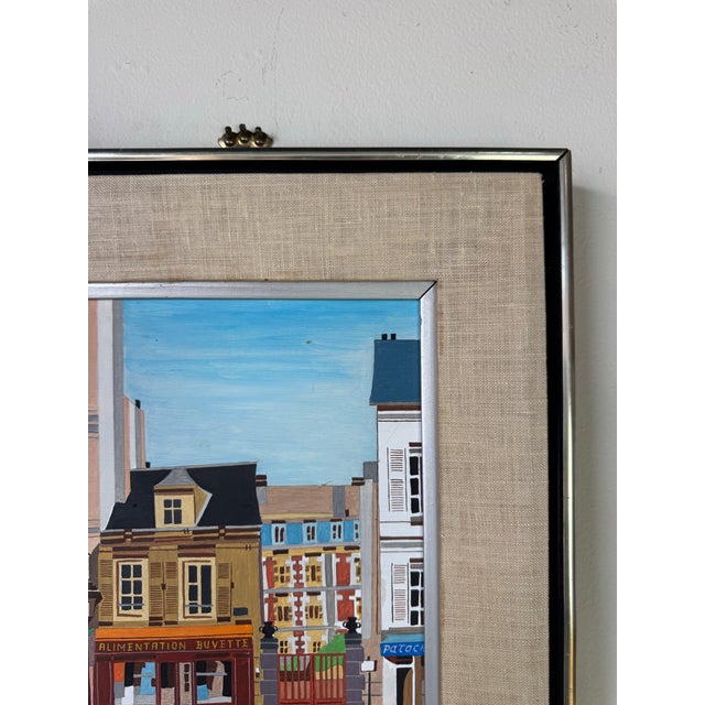 Wood Vintage Lilian Latal Folk Art Cityscape Oil on Masonite Painting For Sale - Image 7 of 11