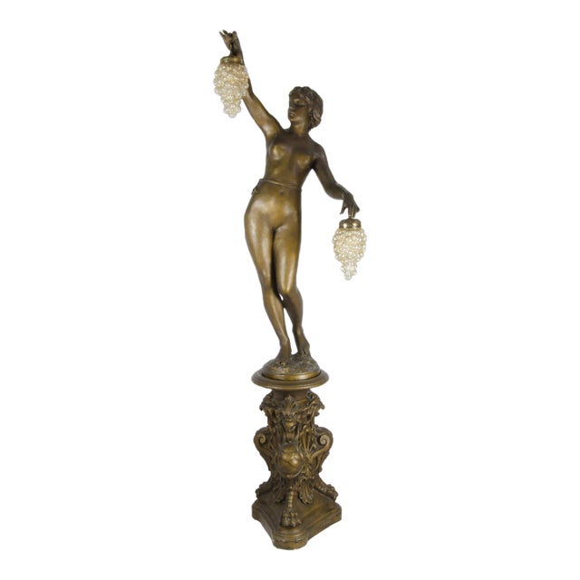 Mid-20th Century Art Nouveau-Style Painted Ceramic Sculptural Floor Lamp of Maenad Holding Grapes Signed by P. Oltolini, Argentina For Sale