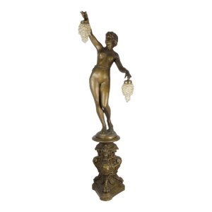 Mid-20th Century Art Nouveau-Style Painted Ceramic Sculptural Floor Lamp of Maenad Holding Grapes Signed by P. Oltolini, Argentina