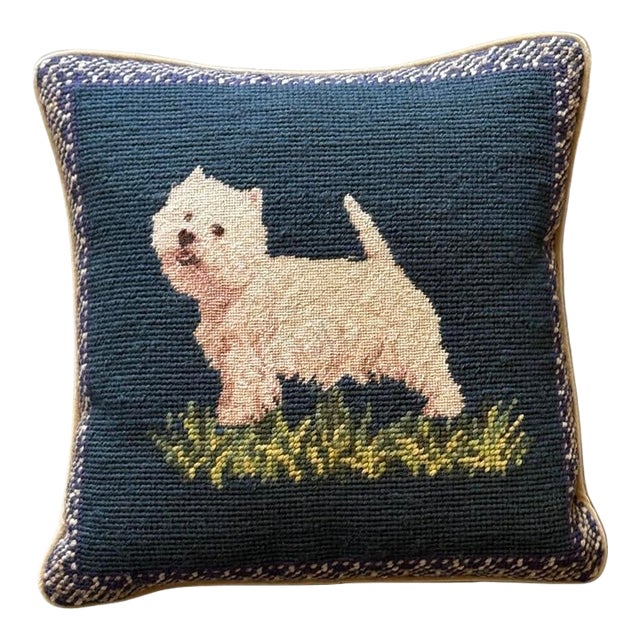 Vintage Needlepoint Westie Terrier Decorative Accent Pillow With Down Insert For Sale