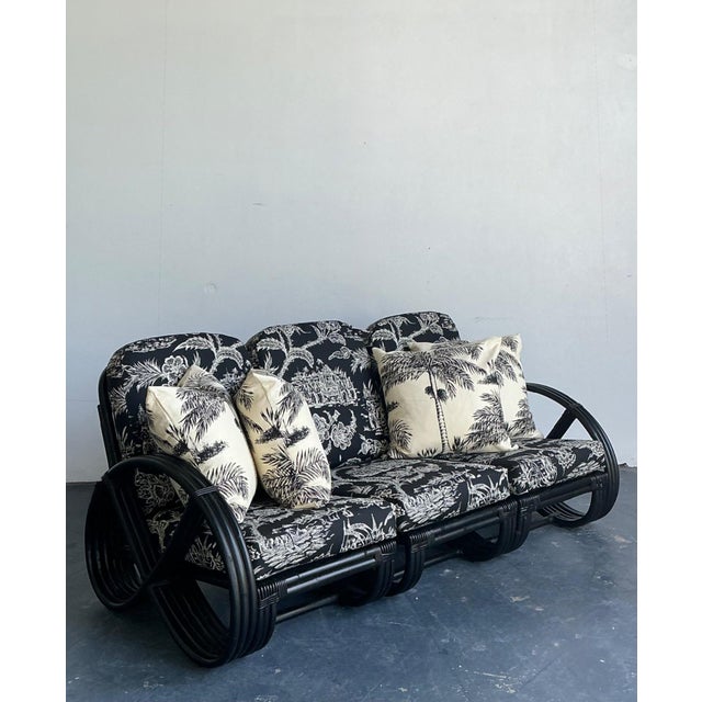 Mid 20th Century Vintage Black Rattan Sofa in Quadrille “Royal Journey” For Sale - Image 5 of 18