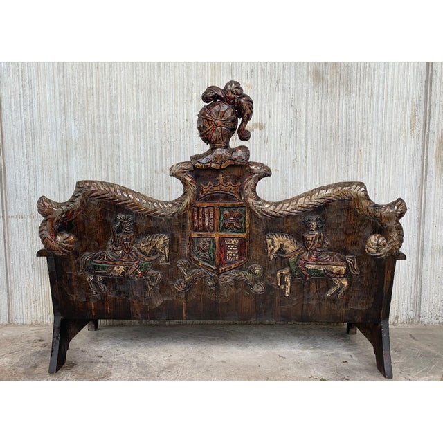Early 20th Century Spanish Polychromed Hand Carved Oak Settee or Park Bench For Sale - Image 4 of 18