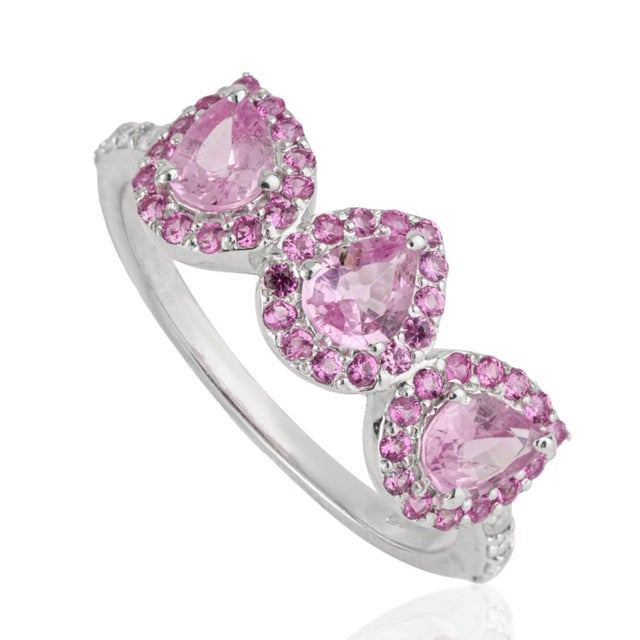 Contemporary Carat&Her Lotus Three Stone Pink Sapphire Halo Ring in Sterling Silver - Birthday Gift, Size 7 For Sale - Image 3 of 13