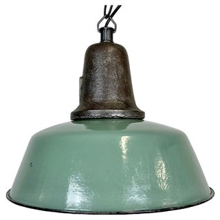 Industrial Green Enamel Factory Lamp with Cast Iron Top, 1960s For Sale