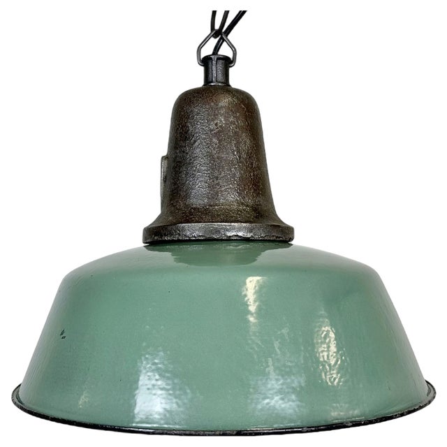 Industrial Green Enamel Factory Lamp with Cast Iron Top, 1960s For Sale