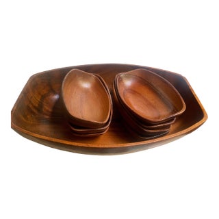 Mid 20th Century Monkeypod Wood Large Salad Set 6 Individual Bowls Lg Serving Bowl For Sale