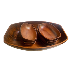 Mid 20th Century Monkeypod Wood Large Salad Set 6 Individual Bowls Lg Serving Bowl